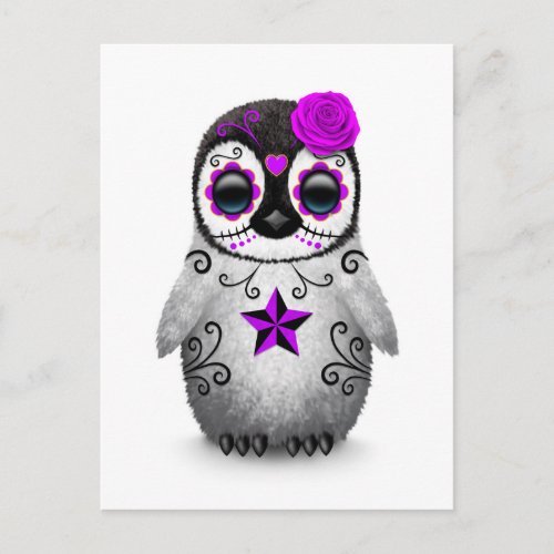 Purple Day of the Dead Sugar Skull Penguin White Postcard