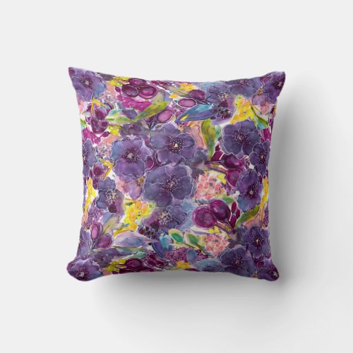 Purple Daze Watercolor Floral Designer  Throw Pillow