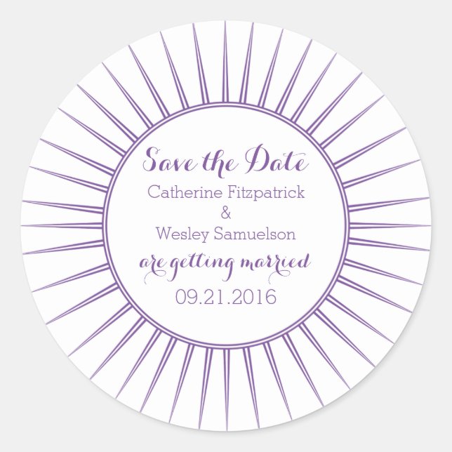 Purple Deco Retro Save the Date Stickers (Front)