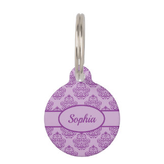 Purple Decorative Damask Pattern & Custom Pet Info ID Tag