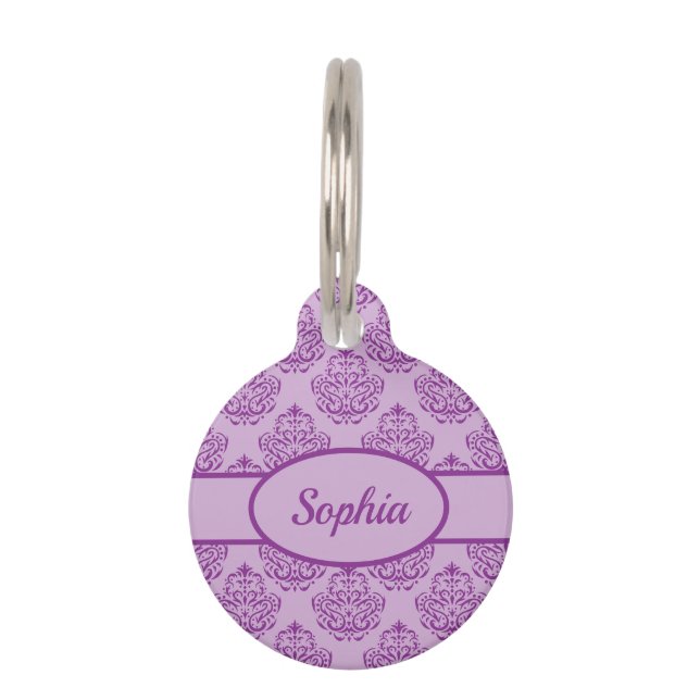 Purple Decorative Damask Pattern & Custom Pet Info Pet ID Tag (Front)
