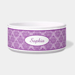 Purple Decorative Damask Pattern With Custom Name Bowl<br><div class="desc">Beautiful purple vintage damask pattern background with a personalizable text area for the name of the pet. The font is a lovely script font in purple color.</div>