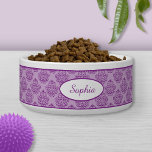 Purple Decorative Damask Pattern With Custom Name Bowl<br><div class="desc">Beautiful purple vintage damask pattern background with a personalizable text area for the name of the pet. The font is a lovely script font in purple color.</div>