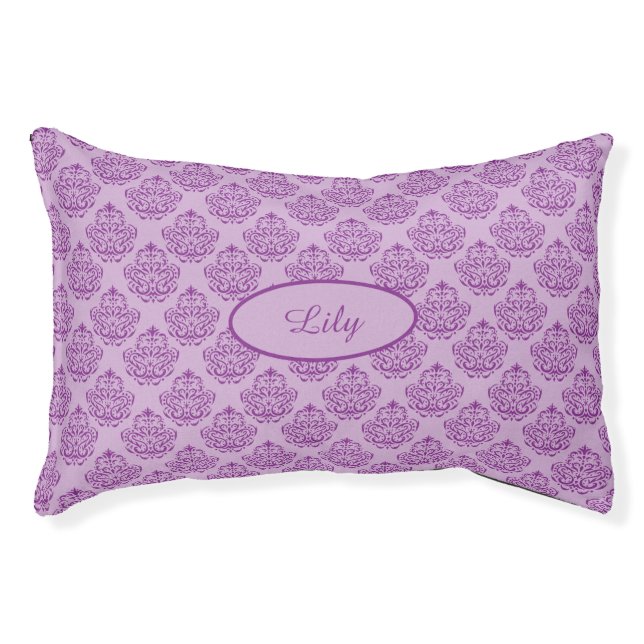 Purple Decorative Damask Pattern With Custom Name Pet Bed (Front)