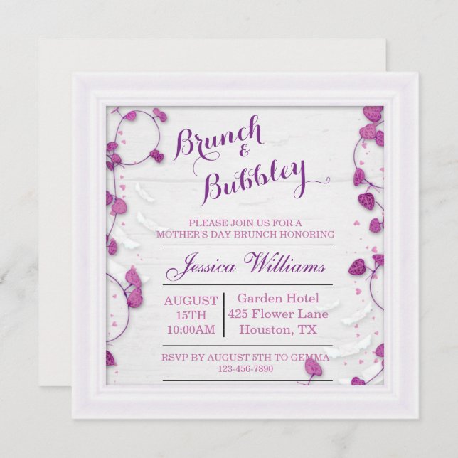 Purple Decorative Mothers Day Brunch & Bubbly Invitation (Front/Back)