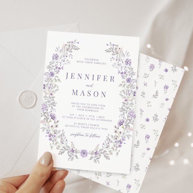 Purple delicate floral wreath summer wedding invitation (Creator Uploaded)