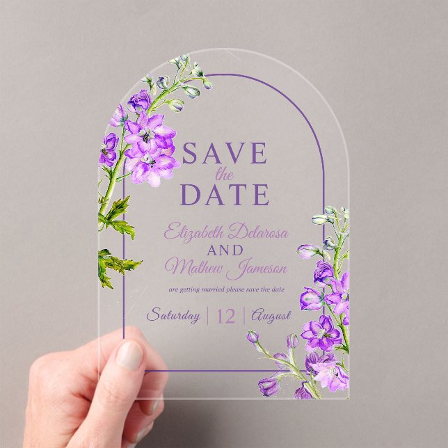 Purple delphinium botanical acrylic save the date (Insitu (Handheld))