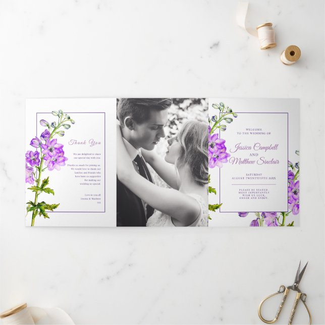 Purple delphinium flowers watercolor wedding Tri-Fold program (Outside)