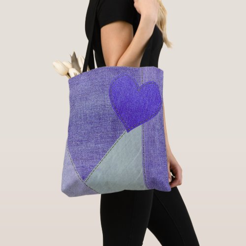 Purple Denim Heart Tote Bag