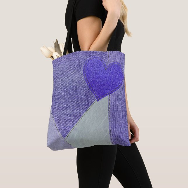 Purple Denim Heart Tote Bag (Close Up)