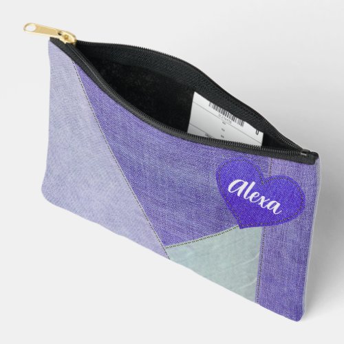 Purple Denim Heart With Name Accessory Pouch