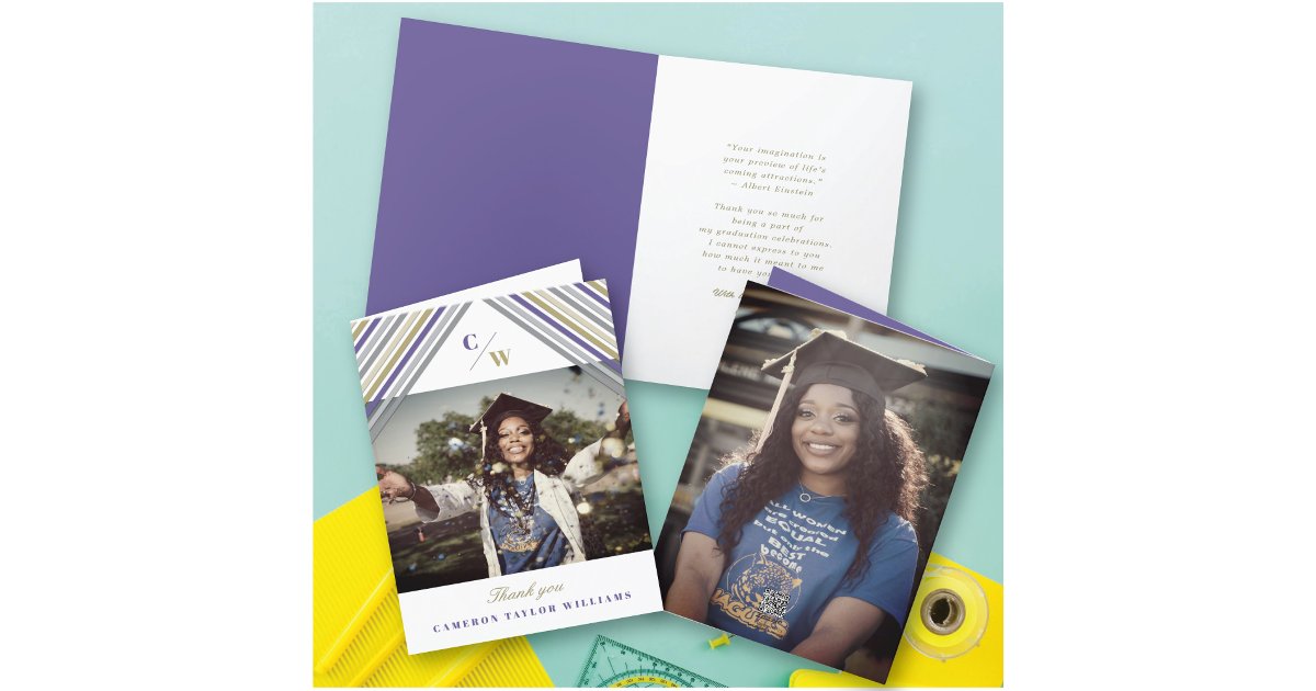 Purple Diagonal Stripes Photo Modern Graduation Thank You Card | Zazzle