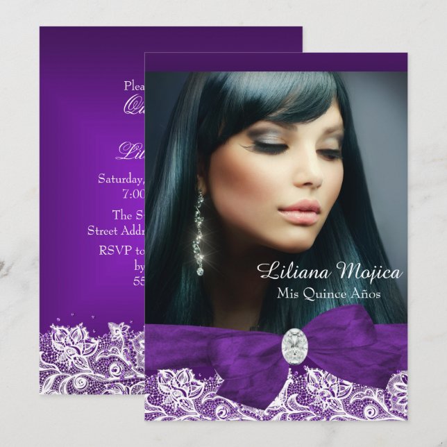 Purple Diamond Bow & Pretty Lace Quinceanera Invitation (Front/Back)
