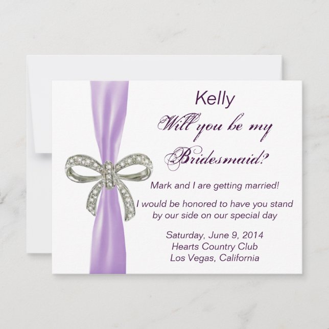 Purple Diamond Bow Wedding Bridesmaid Card (Front)