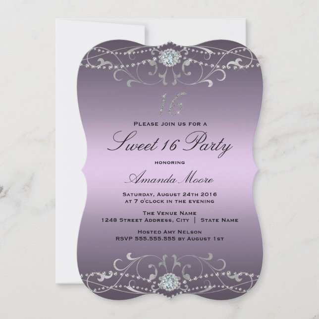 Purple Diamond Damask Sweet 16 Invitation (Front)