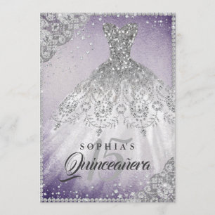 Purple Diamond Lace Sparkle Gown Quinceanera Invitation