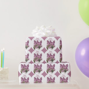 Purple Diamond Print with Lilac Flowers Birthday Wrapping Paper
