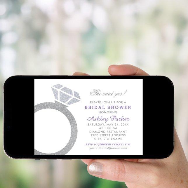 Purple Diamond Ring Glitter Wedding Bridal Shower Invitation (Front Digital)