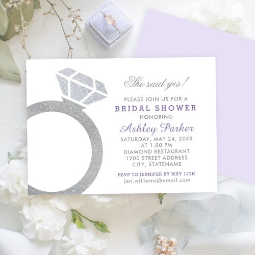 Purple Diamond Ring Glitter Wedding Bridal Shower Invitation