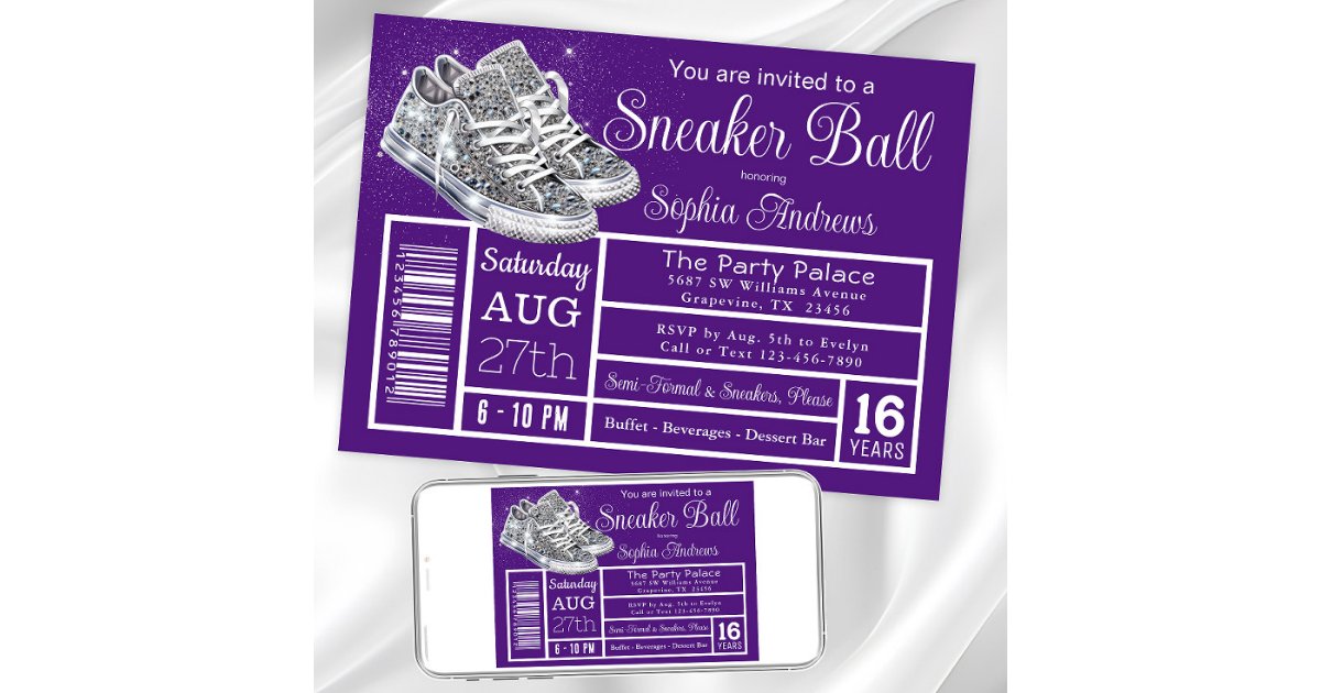 Purple Diamond Sneaker Ball Birthday Party Invitation | Zazzle