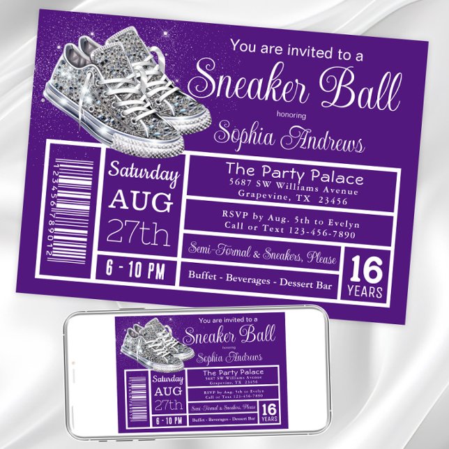 Purple Diamond Sneaker Ball Birthday Party Invitation (Purple sneaker ball invitation. Instant download and printed invitations available.)
