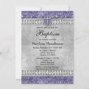 Purple Diamonds Baptism Invitation Communion Bling