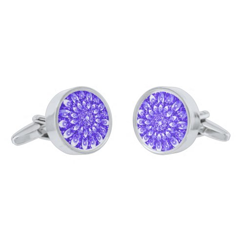 Purple Diamonds Print Mandala Design Silver Cufflinks