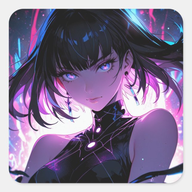 Purple Digital Anime Girl Square Sticker (Front)