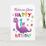 Purple Dinosaur 1st Birthday Card<br><div class="desc">A special 1st birthday card! This bright fun first birthday card features a purple dinosaur, some pretty stars and colorful text. A cute design for someone who will be one year old. Add the 1st birthday child's name to the front of the card to customize it for the special boy...</div>