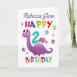 Purple Dinosaur 2nd Birthday Card<br><div class="desc">A special 2nd birthday card! This bright fun second birthday card features a blue dinosaur, some pretty stars and colorful text. A cute design for someone who will be two years old. Add the 2nd birthday child's name to the front of the card to customize it for the special boy...</div>