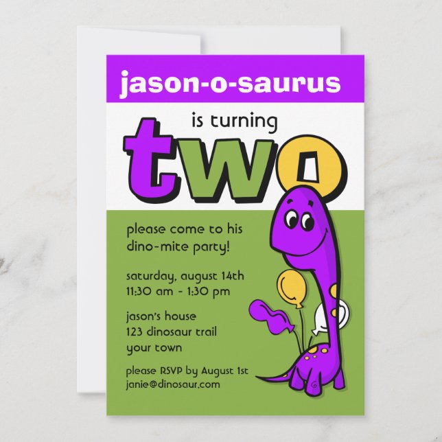 Purple Dinosaur 2nd Birthday Invitation (Front)