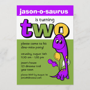 Purple Dinosaur 2nd Birthday Invitation