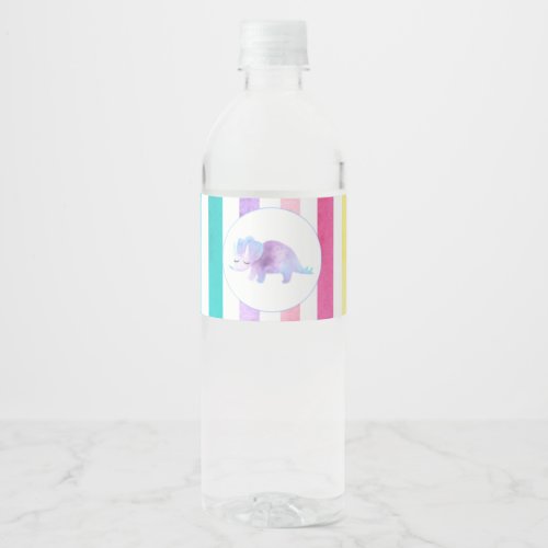 Purple Dinosaur and pastel stripes Water Bottle Label