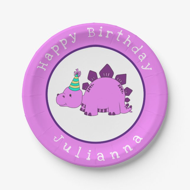 Purple Dinosaur Birthday Party Paper Plates (Front)