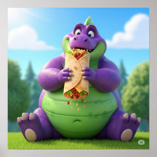 Purple Dinosaur Enjoying a Burrito Poster