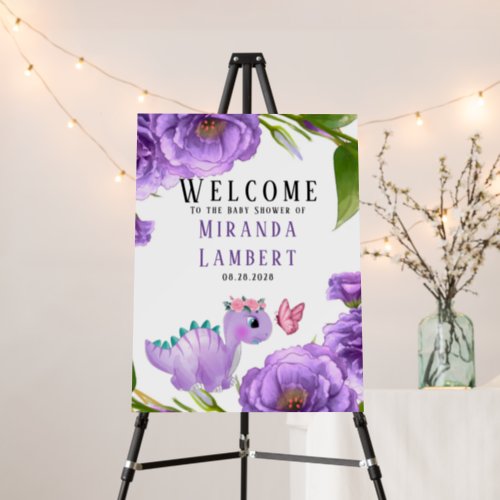 Purple Dinosaur Floral Baby Shower Welcome Sign