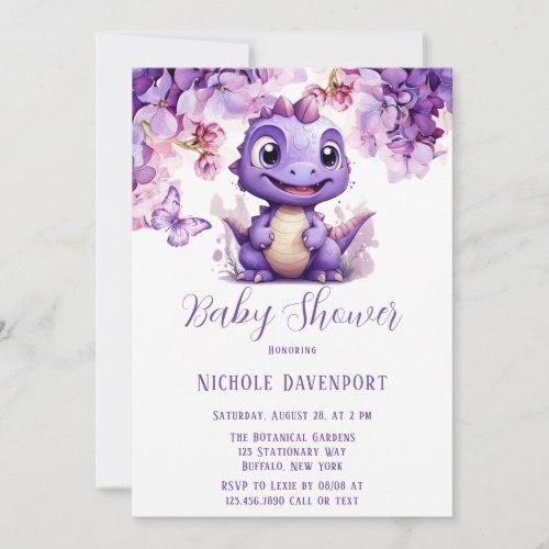 Purple Dinosaur Floral Butterfly Girl Baby Shower Invitation