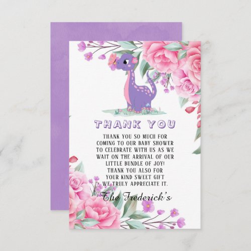 Purple Dinosaur Girl Baby Shower Thank You Cards