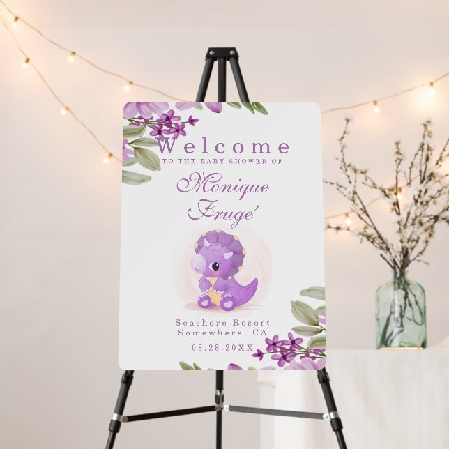 Purple Dinosaur Girl Baby Shower Welcome Sign (In Situ (Stand))
