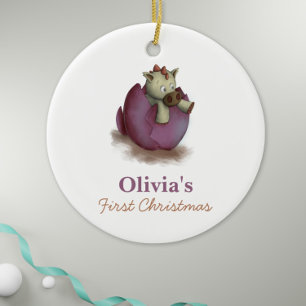 Purple Dinosaur Hatching Baby Girl First Christmas Ceramic Ornament