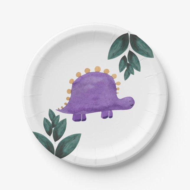 Purple Dinosaur Kid Party Green Dino Birthday Paper Plates (Front)