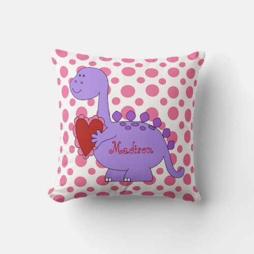 Purple Dinosaur on Pink Polka Dots w Name Throw Pillow