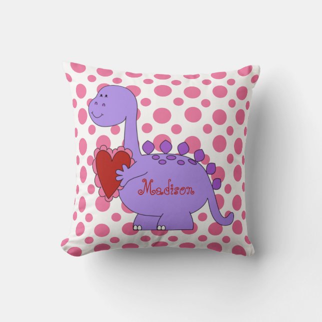 Purple Dinosaur on Pink Polka Dots, w Name Throw Pillow (Front)