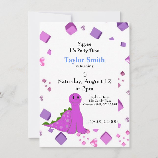 Purple Dinosaur Party Invitation (Front)