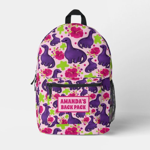 Purple Dinosaur Pattern Personalized Kids Name Printed Backpack