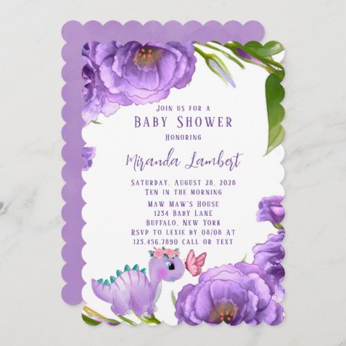 Purple Dinosaur Peony Butterfly Girl Baby Shower Invitation