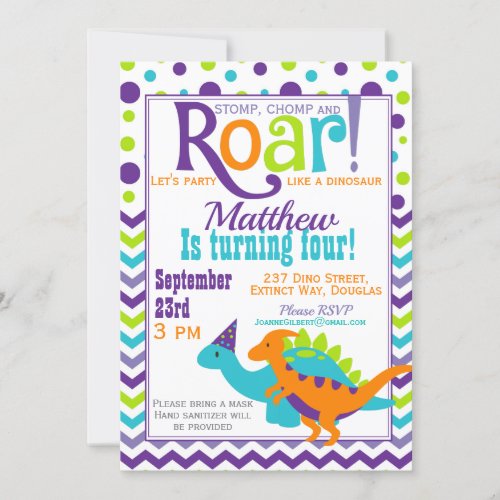 Purple Dinosaur Roar Birthday Party Invitation