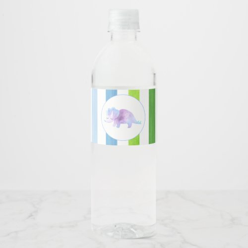 Purple Dinosaur with blue and green stripes Water Bottle Label