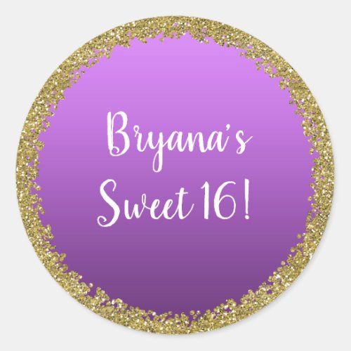 Purple Dipped Gold Glitter Glam Sparkle Party Classic Round Sticker