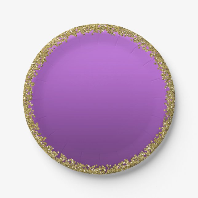 Purple Dipped Gold Glitter Glam Sparkle Party Paper Plates (Front)